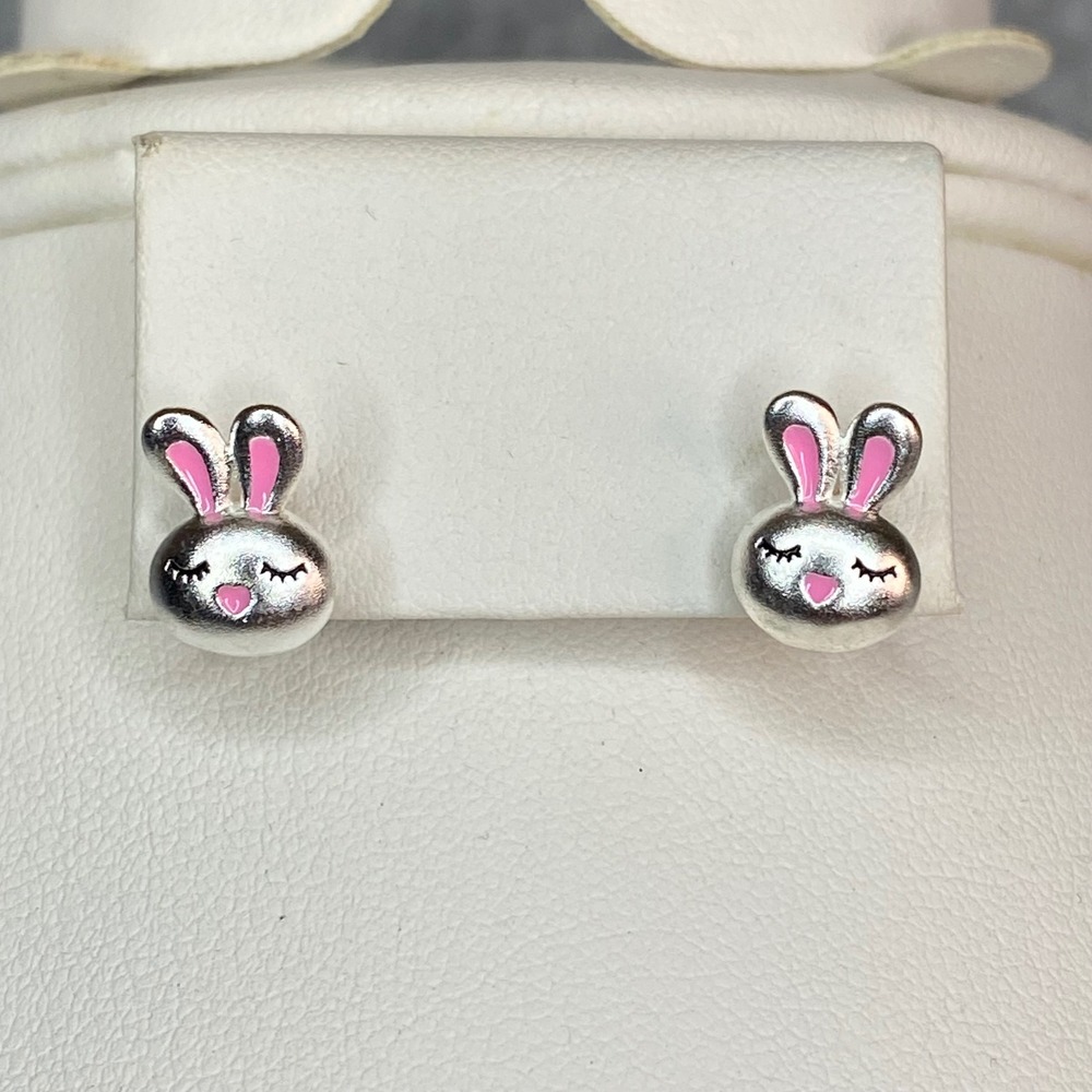 Bunny Stud Earrings Women Silvertone Pink Enamel Rabbit Easter Pastel Animal New